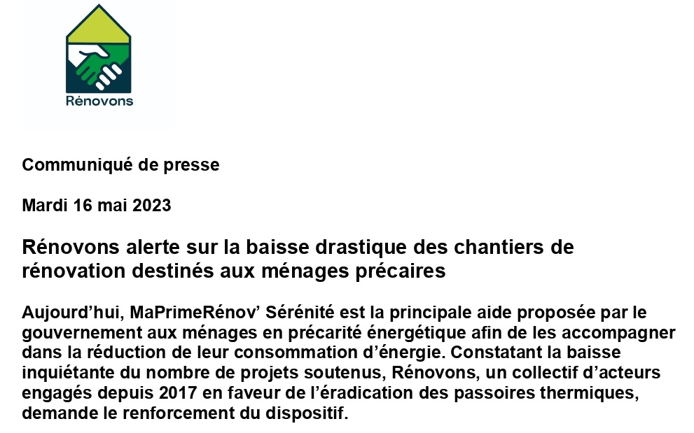 Communiqué de presse d’Initiative Rénovons : baisse drastique des chantiers de rénovation destinés aux ménages précaires